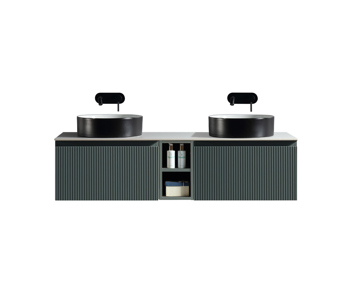 Flauto 1400mm Wall Hung Double Vanity w. Side Storage Sintered Stone Counter Top - Smoked Sage