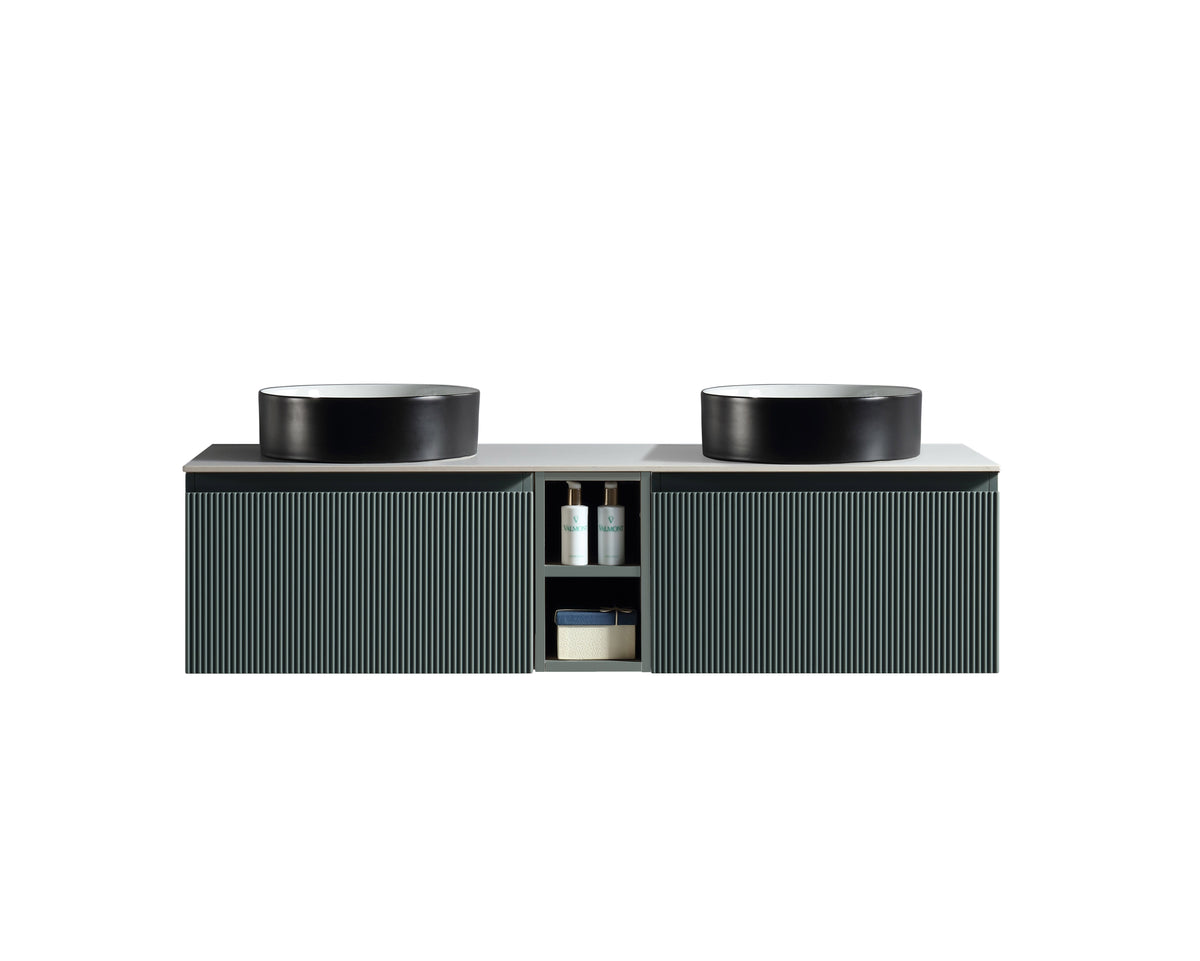 Flauto 1400mm Wall Hung Double Vanity with Side Storage Sintered Stone Countertop - Smoked Sage