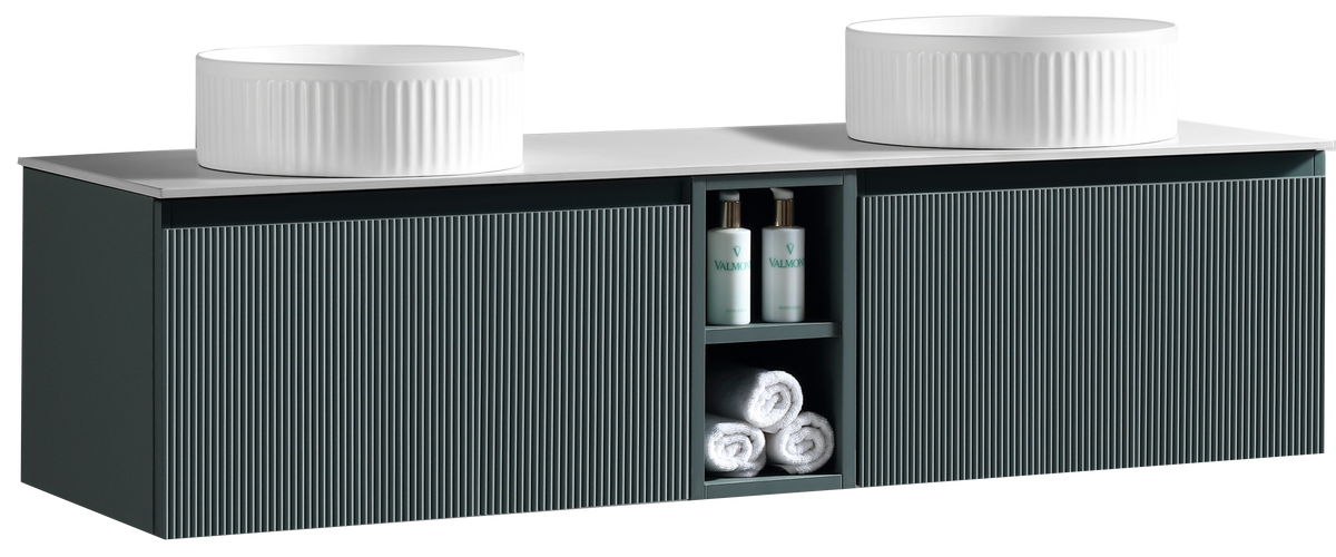 Flauto 1400mm Wall Hung Double Vanity with Side Storage Sintered Stone Countertop - Smoked Sage