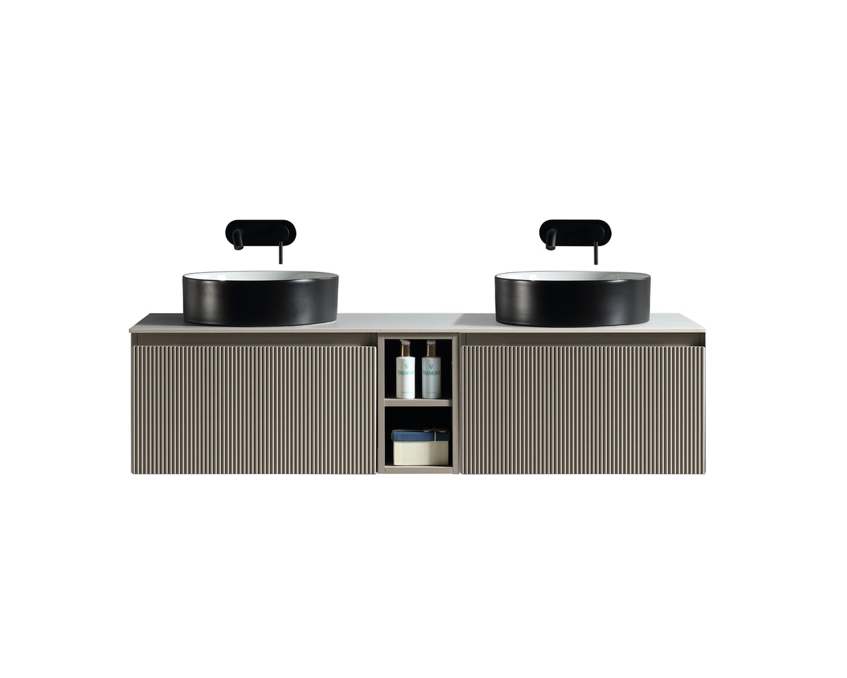 Flauto 1400mm Wall Hung Double Vanity w. Side Storage Sintered Stone Counter Top - Soft Coffee