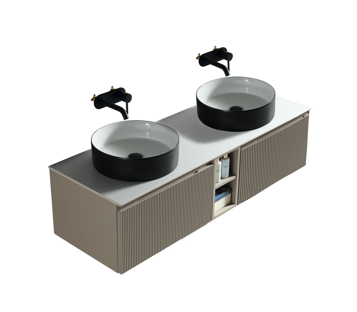 Flauto 1400mm Wall Hung Double Vanity with Side Storage Sintered Stone Countertop - Soft Coffee