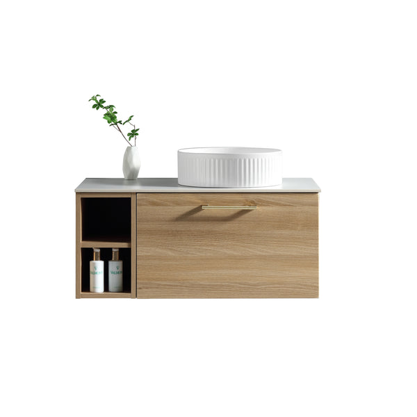 Piatta 800mm Wall Hung Vanity w. Side Storage & Right Hand Sintered Stone Counter Top - Country Oak