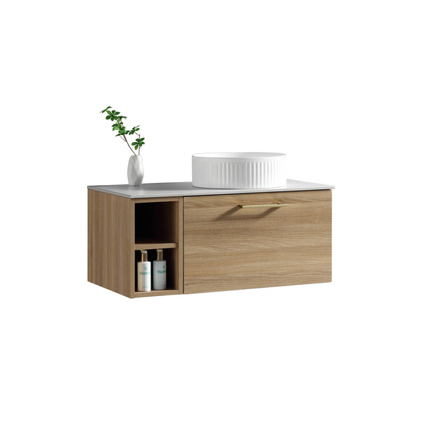 Piatta 800mm Wall Hung Vanity w. Side Storage & Right Hand Sintered Stone Counter Top - Country Oak
