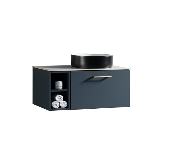 Piatta 800mm Wall Hung Vanity w. Side Storage & Right Hand Sintered Stone Counter Top - Midnight Shadow