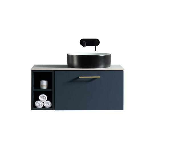 Piatta 800mm Wall Hung Vanity w. Side Storage & Right Hand Sintered Stone Counter Top - Midnight Shadow