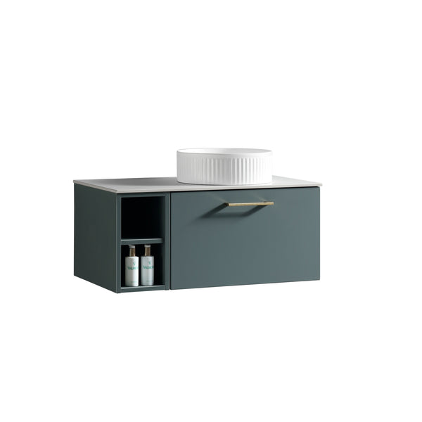 Piatta 800mm Wall Hung Vanity w. Side Storage & Right Hand Sintered Stone Counter Top - Smoked Sage