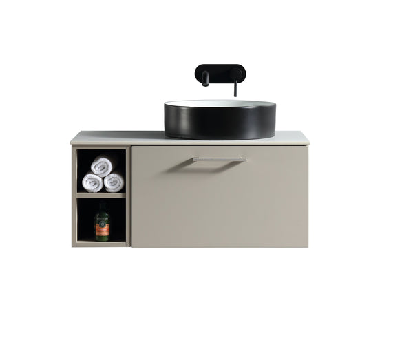 Piatta 800mm Wall Hung Vanity w. Side Storage & Right Hand Sintered Stone Counter Top - Soft Coffee