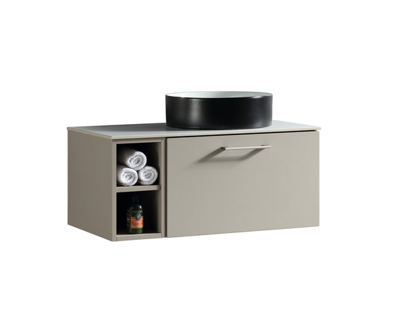 Piatta 800mm Wall Hung Vanity w. Side Storage & Right Hand Sintered Stone Counter Top - Soft Coffee
