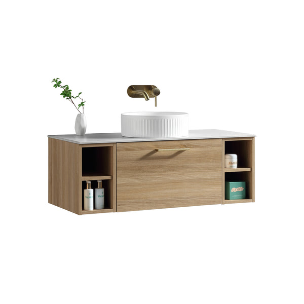 Piatta 1000mm Wall Hung Vanity w. 2 Side Storage & Sintered Stone Counter Top - Country Oak