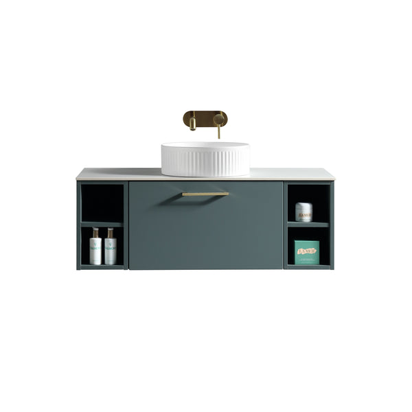 Piatta 1000mm Wall Hung Vanity w. 2 Side Storage & Sintered Stone Counter Top - Smoked Sage