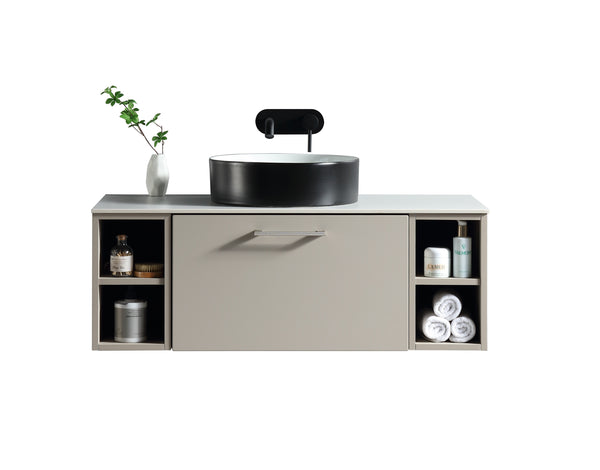 Piatta 1000mm Wall Hung Vanity w. 2 Side Storage & Sintered Stone Counter Top - Soft Coffee