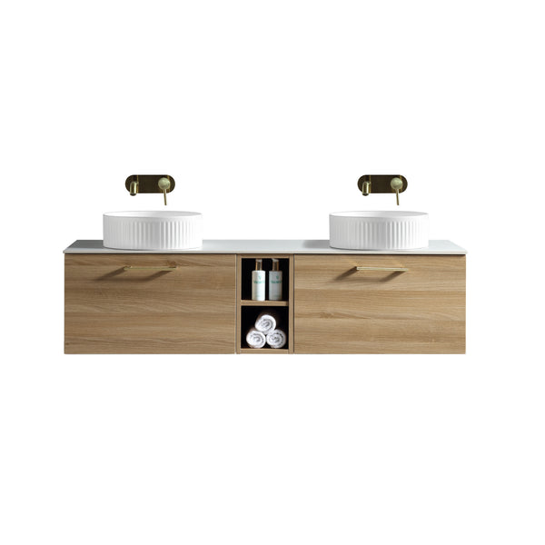 Piatta 1400mm Wall Hung Double Vanity w. Side Storage & Sintered Stone Counter Top - Country Oak