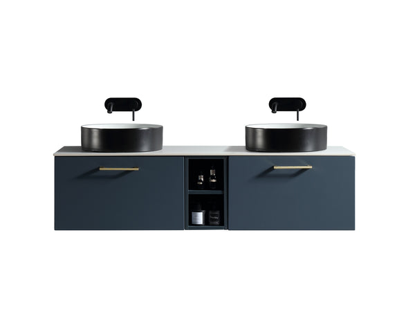Piatta 1400mm Wall Hung Double Vanity w. Side Storage & Sintered Stone Counter Top - Midnight Shadow