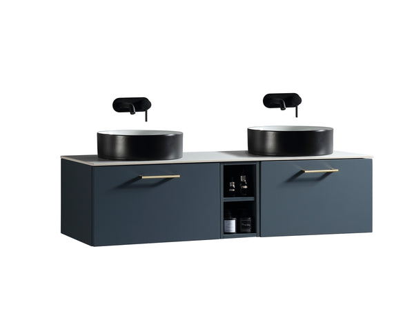Piatta 1400mm Wall Hung Double Vanity w. Side Storage & Sintered Stone Counter Top - Midnight Shadow