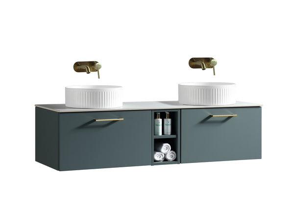 Piatta 1400mm Wall Hung Double Vanity w. Side Storage & Sintered Stone Counter Top - Smoked Sage