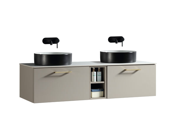 Piatta 1400mm Wall Hung Double Vanity w. Side Storage & Sintered Stone Counter Top - Soft Coffee