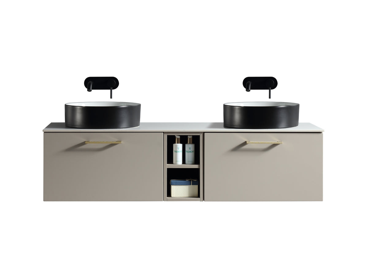 Piatta 1400mm Wall Hung Double Vanity w. Side Storage & Sintered Stone Counter Top - Soft Coffee