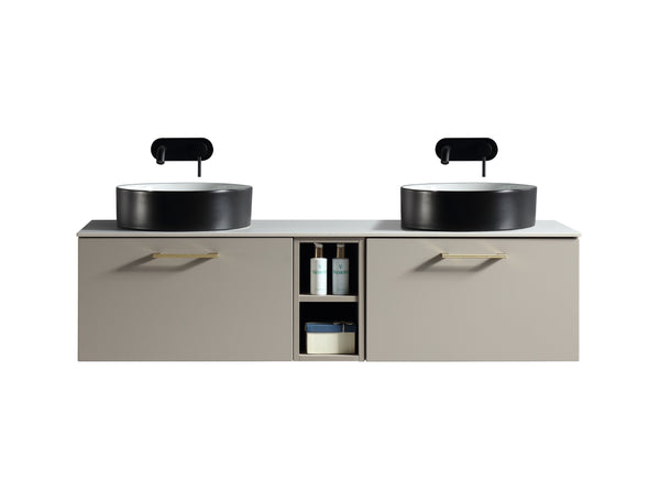Piatta 1400mm Wall Hung Double Vanity w. Side Storage & Sintered Stone Counter Top - Soft Coffee