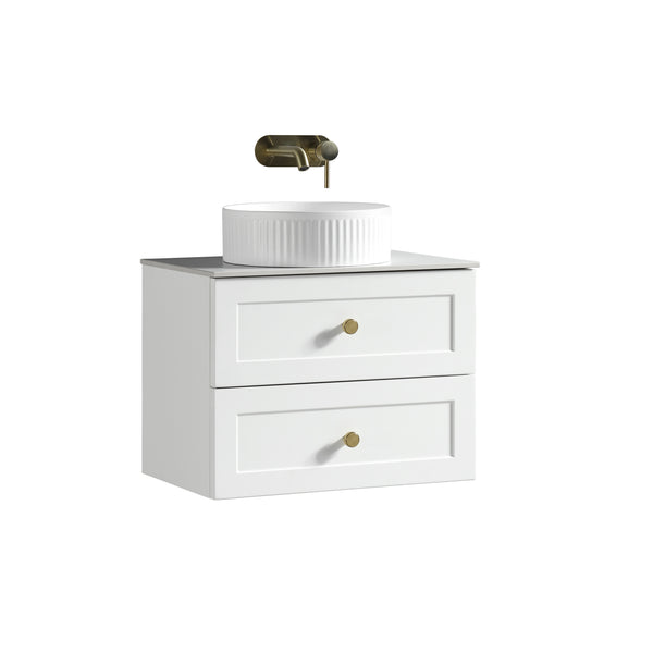 Bakewell 600mm Wall Hung Vanity w. Sintered Stone Counter Top - Silk White (handles sold separately)