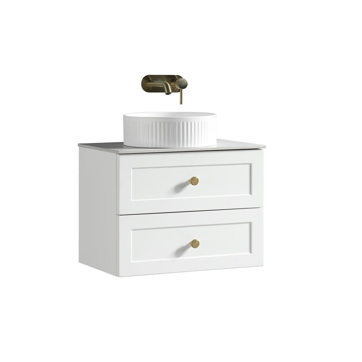 Bakewell 600mm Wall Hung Vanity w. Sintered Stone Counter Top - Silk White (handles sold separately)