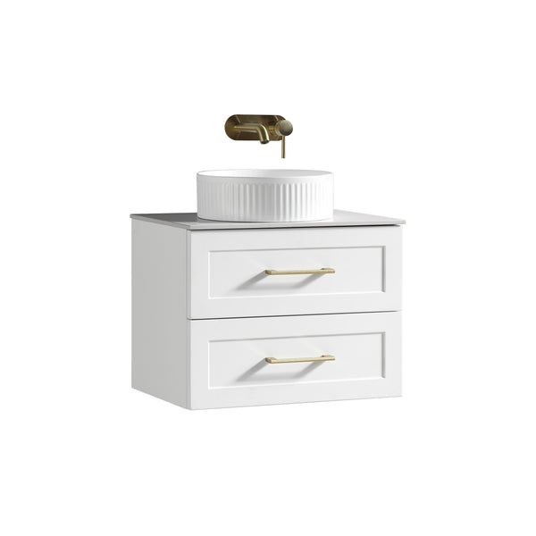 Bakewell 600mm Wall Hung Vanity w. Sintered Stone Counter Top - Silk White (handles sold separately)