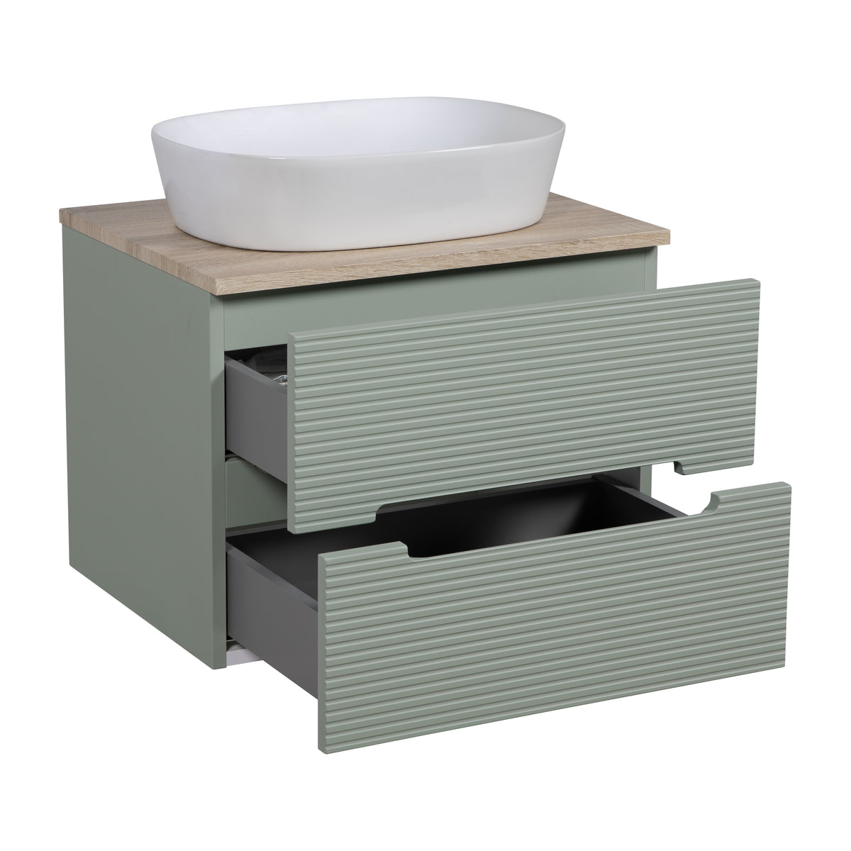 Monza Plus 600mm Fluted Wall Hung Vanity & Countertop - Aloe Green/Country Oak