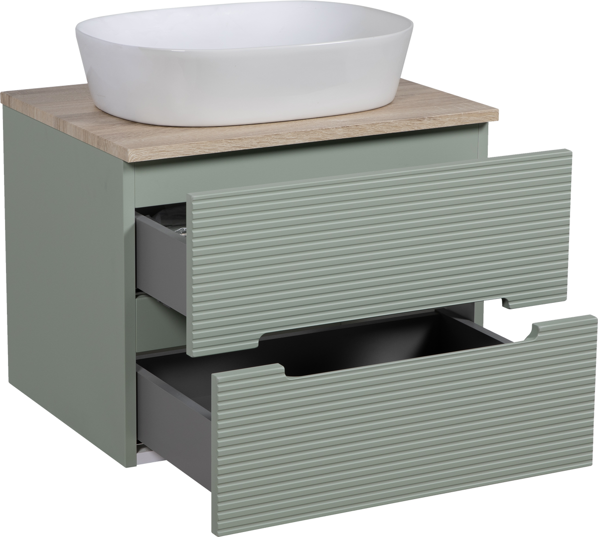 Monza Plus 600mm Fluted Wall Hung Vanity & Countertop - Aloe Green/Country Oak