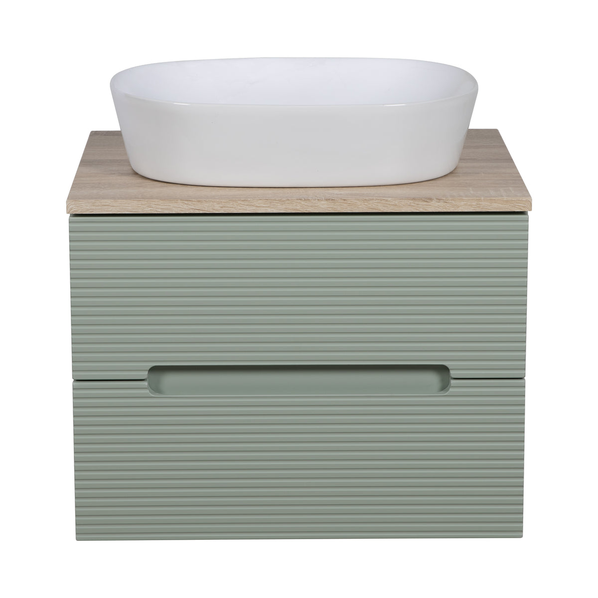 Monza Plus 600mm Fluted Wall Hung Vanity & Countertop - Aloe Green/Country Oak