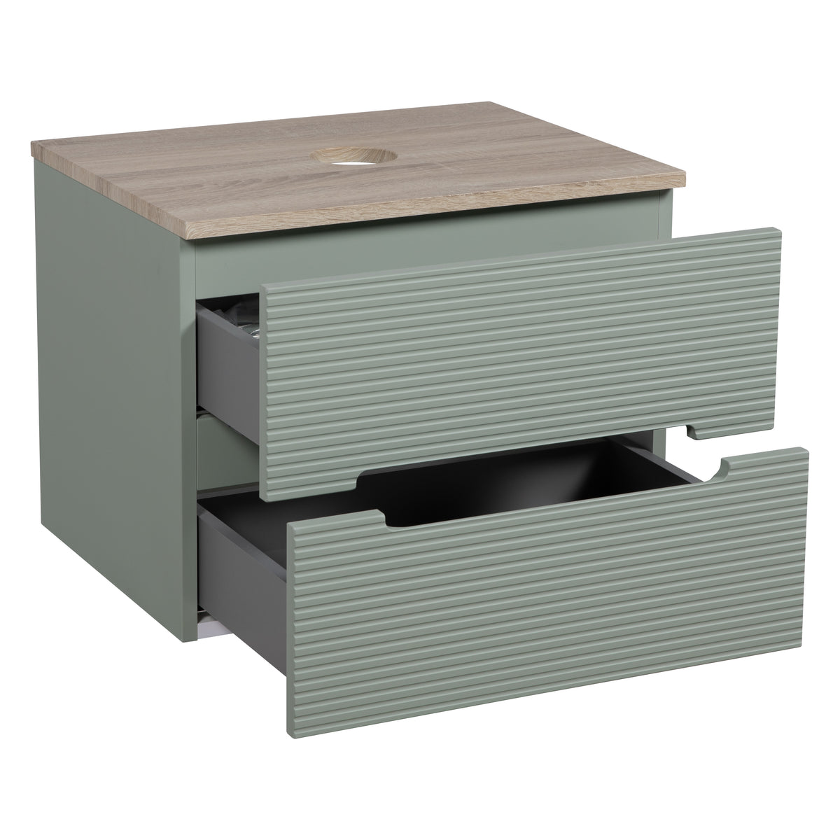 Monza Plus 600mm Fluted Wall Hung Vanity & Countertop - Aloe Green/Country Oak