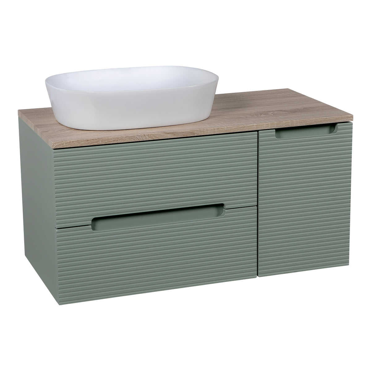 Monza Plus 900mm Fluted Wall Hung Vanity with Side Cabinet & Countertop - Aloe Green/Country Oak