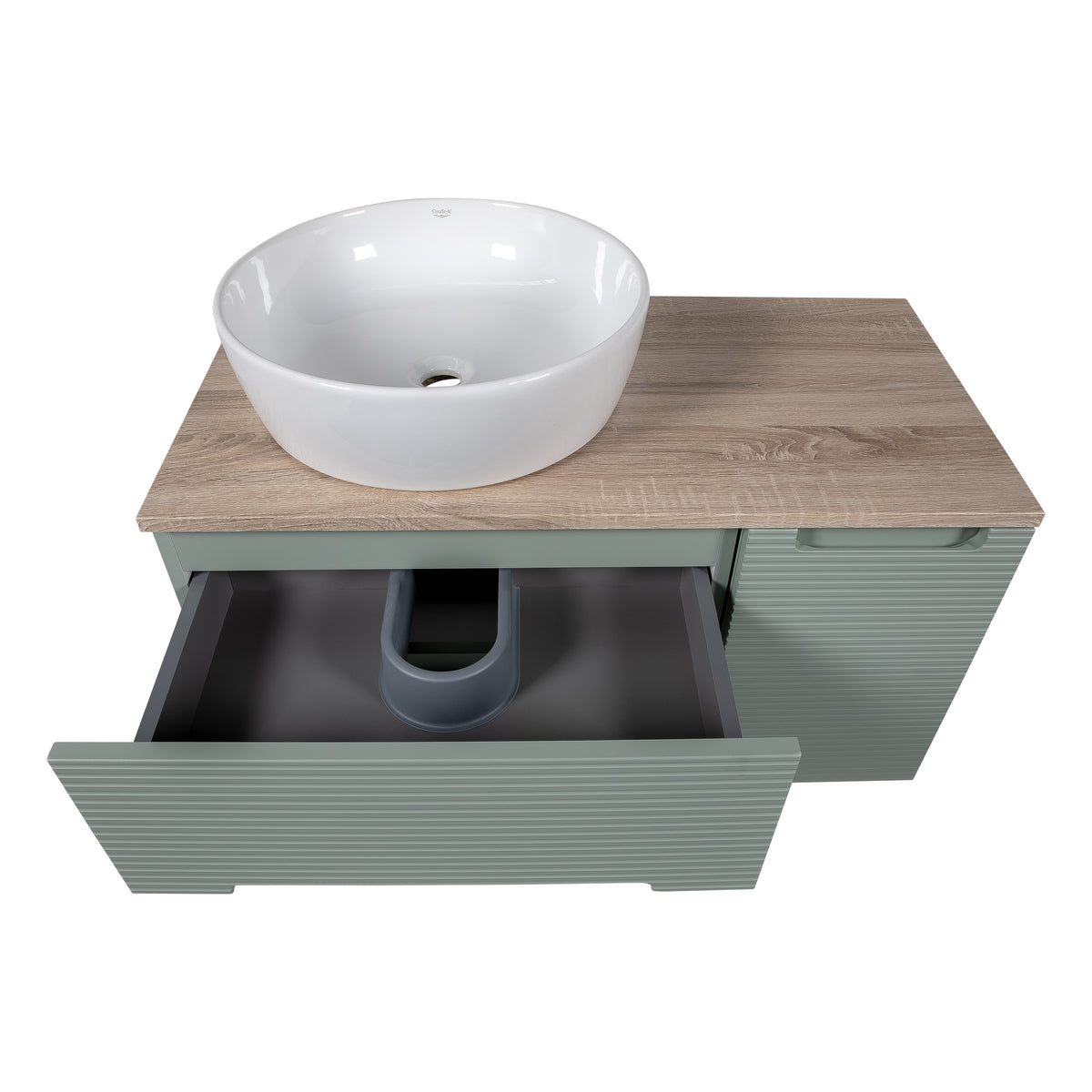 Monza Plus 900mm Fluted Wall Hung Vanity with Side Cabinet & Countertop - Aloe Green/Country Oak