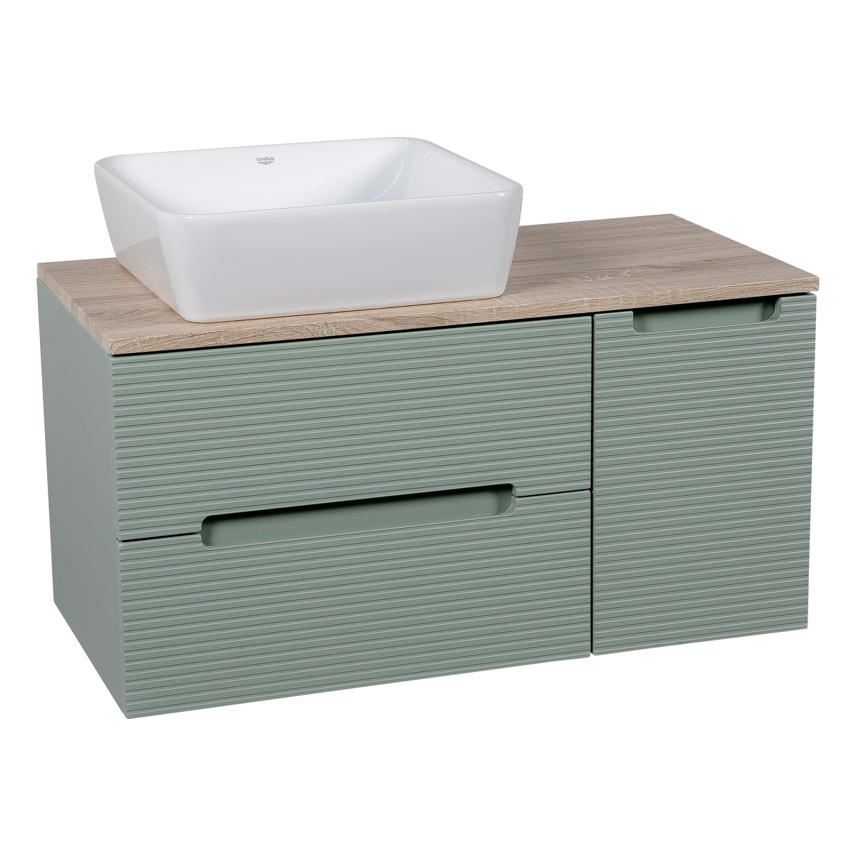 Monza Plus 900mm Fluted Wall Hung Vanity with Side Cabinet & Countertop - Aloe Green/Country Oak