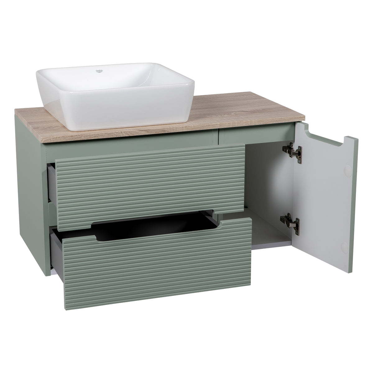 Monza Plus 900mm Fluted Wall Hung Vanity with Side Cabinet & Countertop - Aloe Green/Country Oak