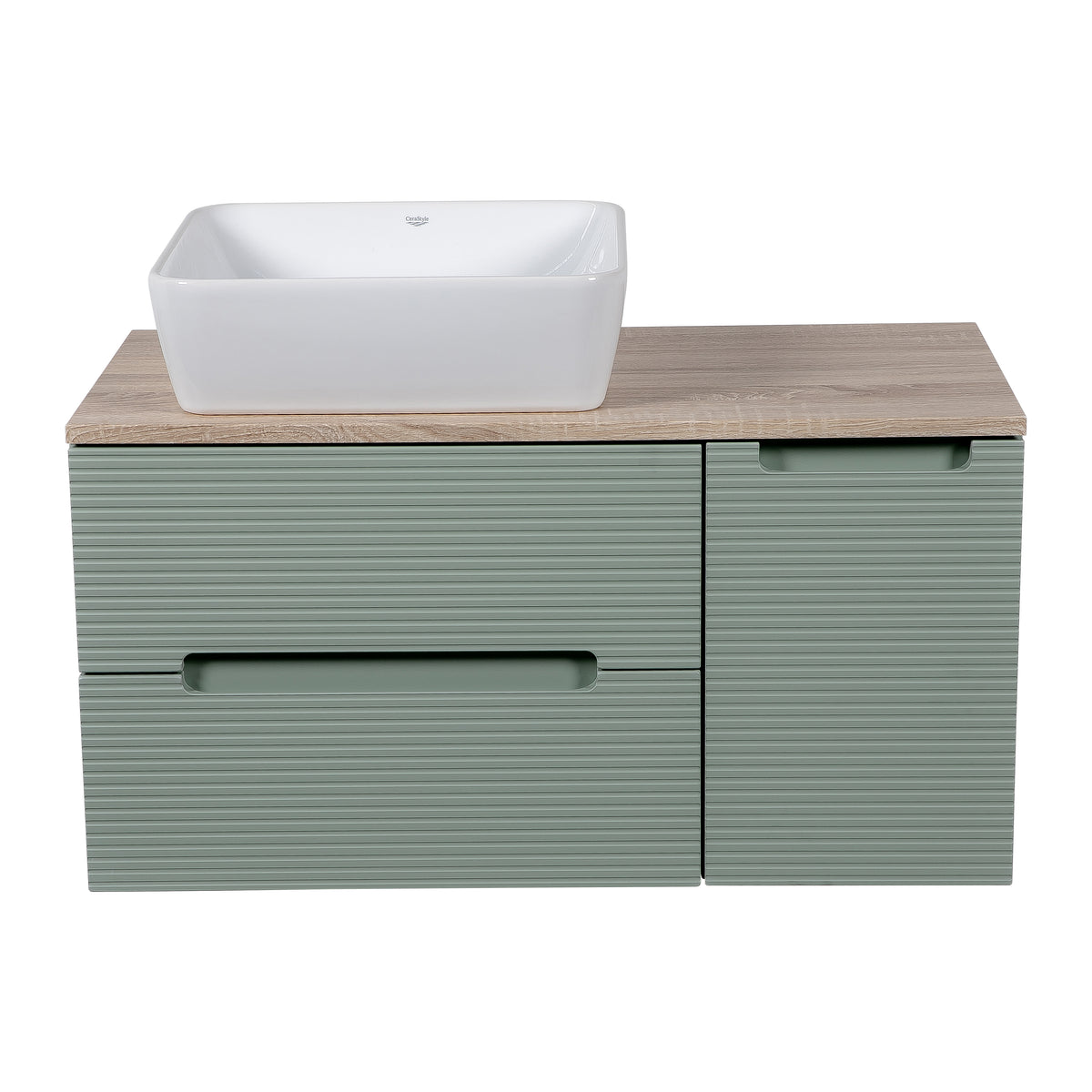 Monza Plus 900mm Fluted Wall Hung Vanity with Side Cabinet & Countertop - Aloe Green/Country Oak