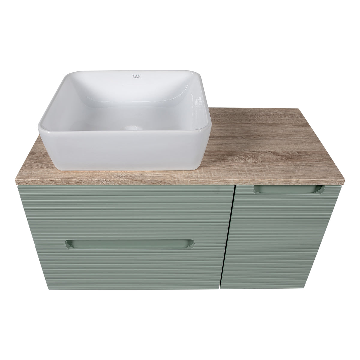 Monza Plus 900mm Fluted Wall Hung Vanity with Side Cabinet & Countertop - Aloe Green/Country Oak