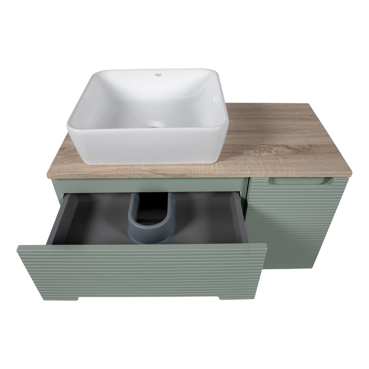 Monza Plus 900mm Fluted Wall Hung Vanity with Side Cabinet & Countertop - Aloe Green/Country Oak