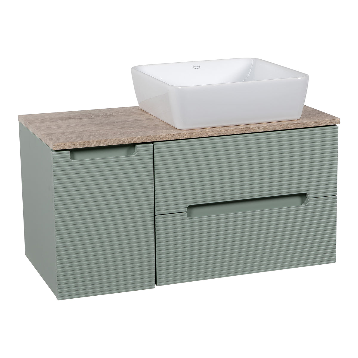 Monza Plus 900mm Fluted Wall Hung Vanity with Side Cabinet & Countertop - Aloe Green/Country Oak