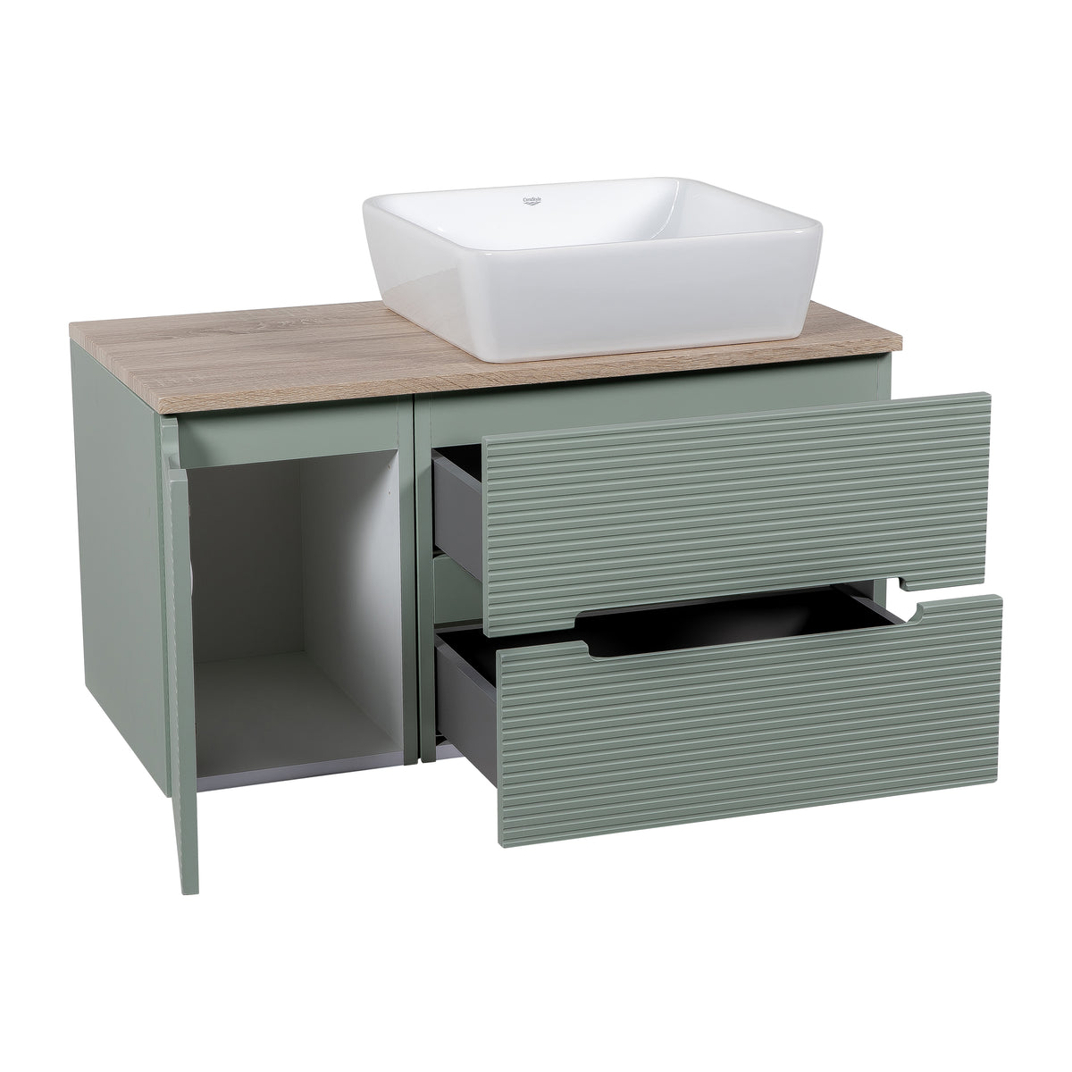 Monza Plus 900mm Fluted Wall Hung Vanity with Side Cabinet & Countertop - Aloe Green/Country Oak