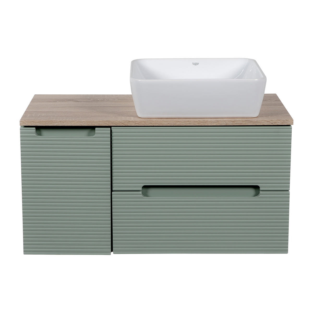 Monza Plus 900mm Fluted Wall Hung Vanity with Side Cabinet & Countertop - Aloe Green/Country Oak