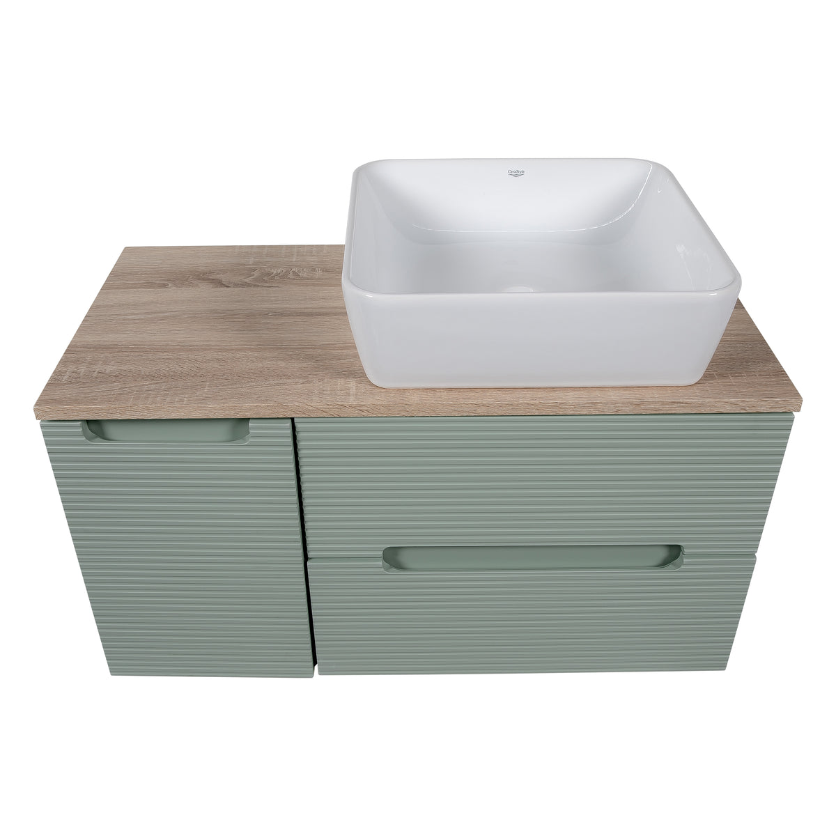 Monza Plus 900mm Fluted Wall Hung Vanity with Side Cabinet & Countertop - Aloe Green/Country Oak