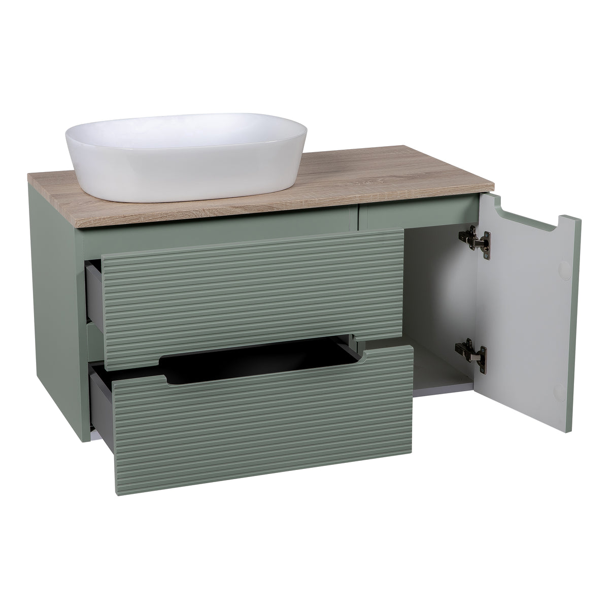 Monza Plus 900mm Fluted Wall Hung Vanity with Side Cabinet & Countertop - Aloe Green/Country Oak