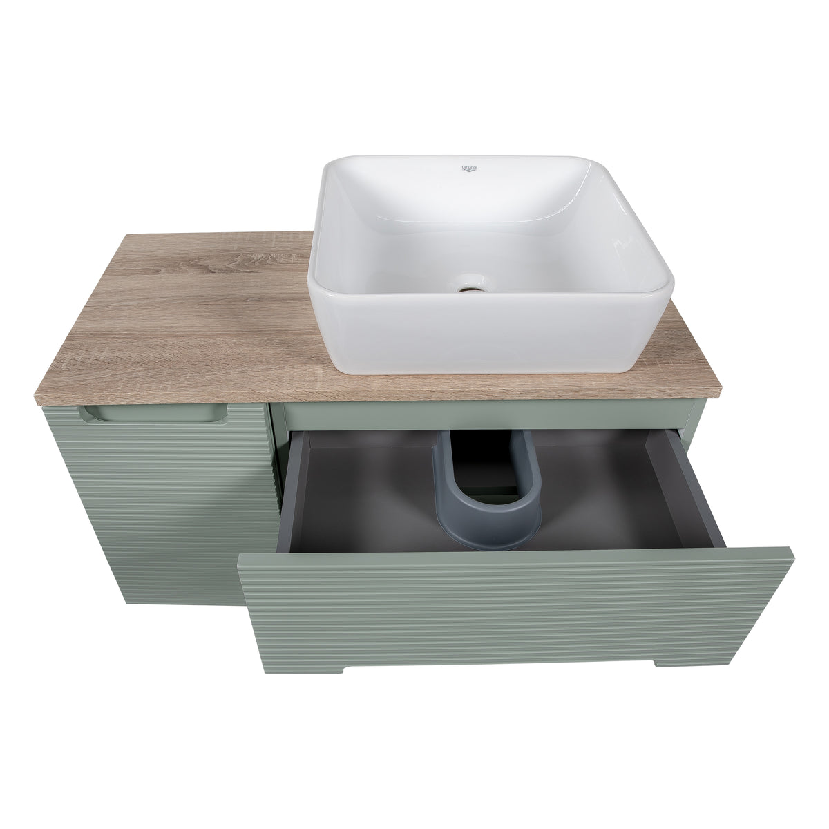 Monza Plus 900mm Fluted Wall Hung Vanity with Side Cabinet & Countertop - Aloe Green/Country Oak