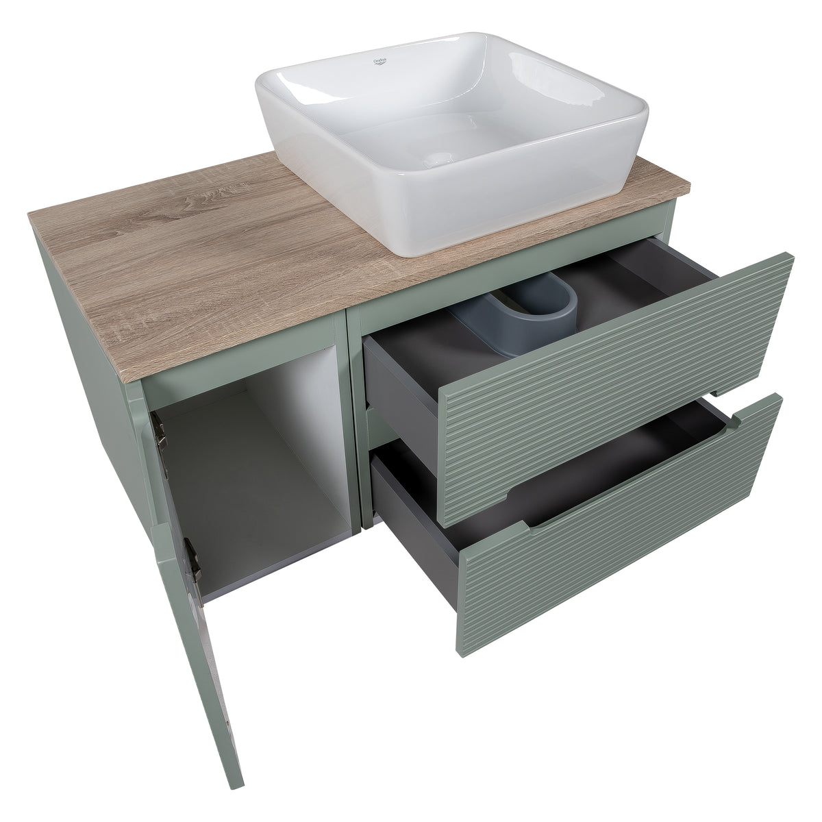Monza Plus 900mm Fluted Wall Hung Vanity with Side Cabinet & Countertop - Aloe Green/Country Oak