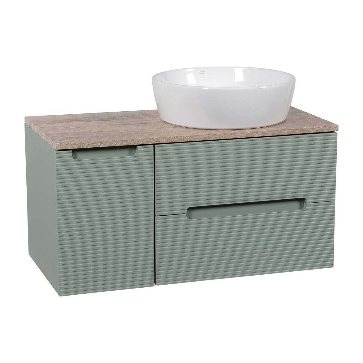 Monza Plus 900mm Fluted Wall Hung Vanity with Side Cabinet & Countertop - Aloe Green/Country Oak
