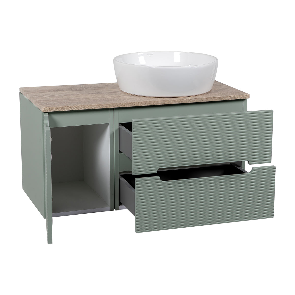 Monza Plus 900mm Fluted Wall Hung Vanity with Side Cabinet & Countertop - Aloe Green/Country Oak