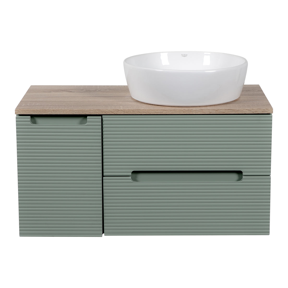 Monza Plus 900mm Fluted Wall Hung Vanity with Side Cabinet & Countertop - Aloe Green/Country Oak