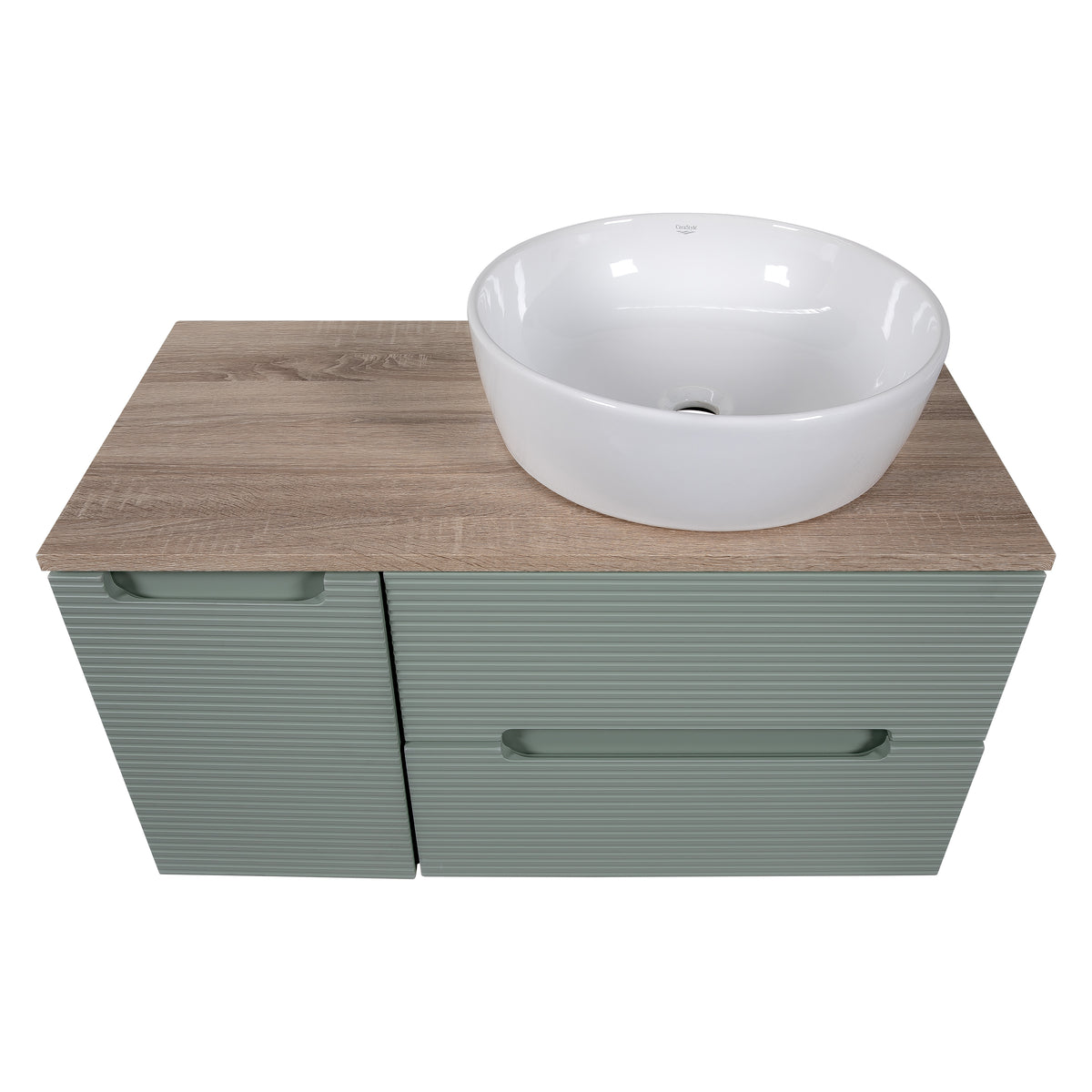 Monza Plus 900mm Fluted Wall Hung Vanity with Side Cabinet & Countertop - Aloe Green/Country Oak
