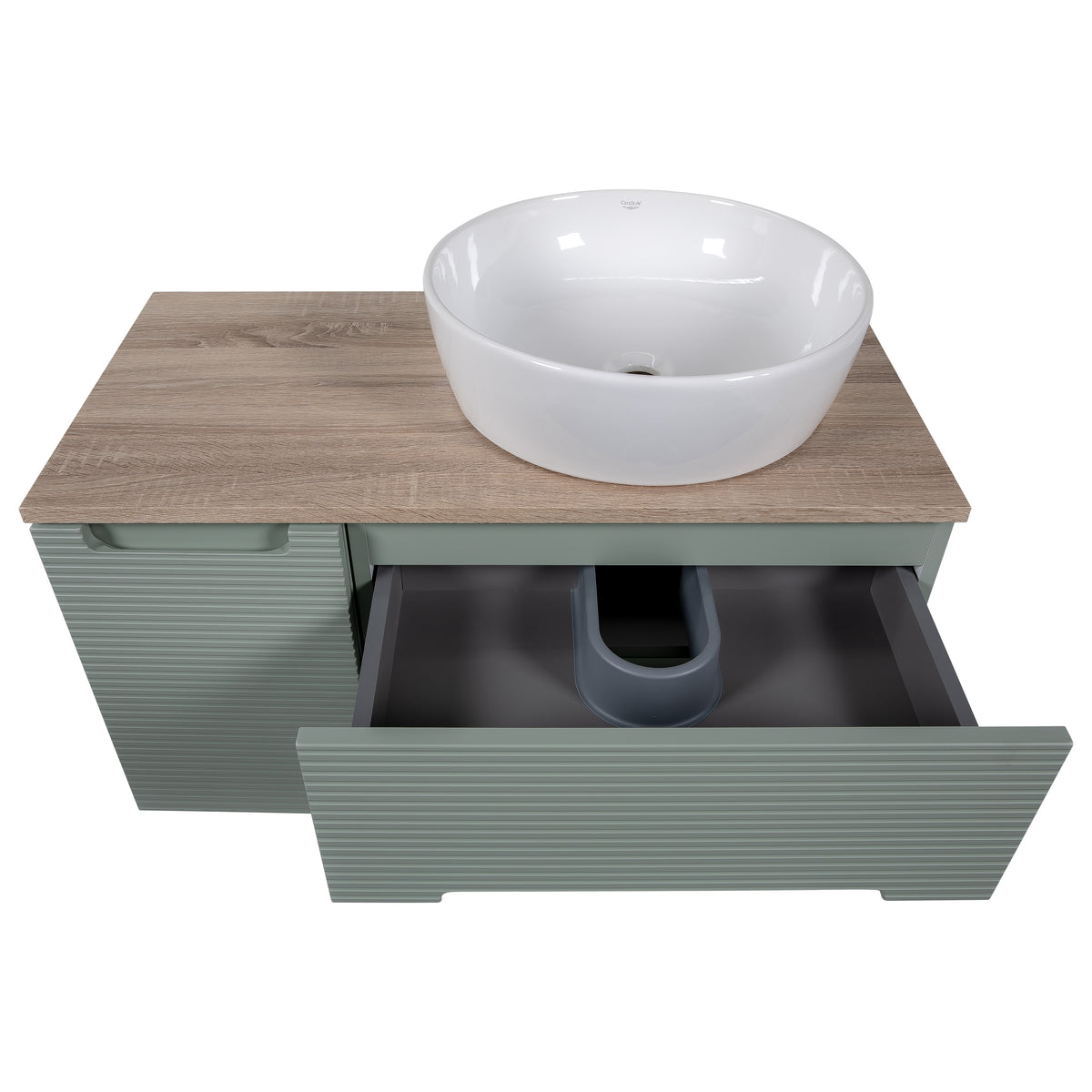 Monza Plus 900mm Fluted Wall Hung Vanity with Side Cabinet & Countertop - Aloe Green/Country Oak