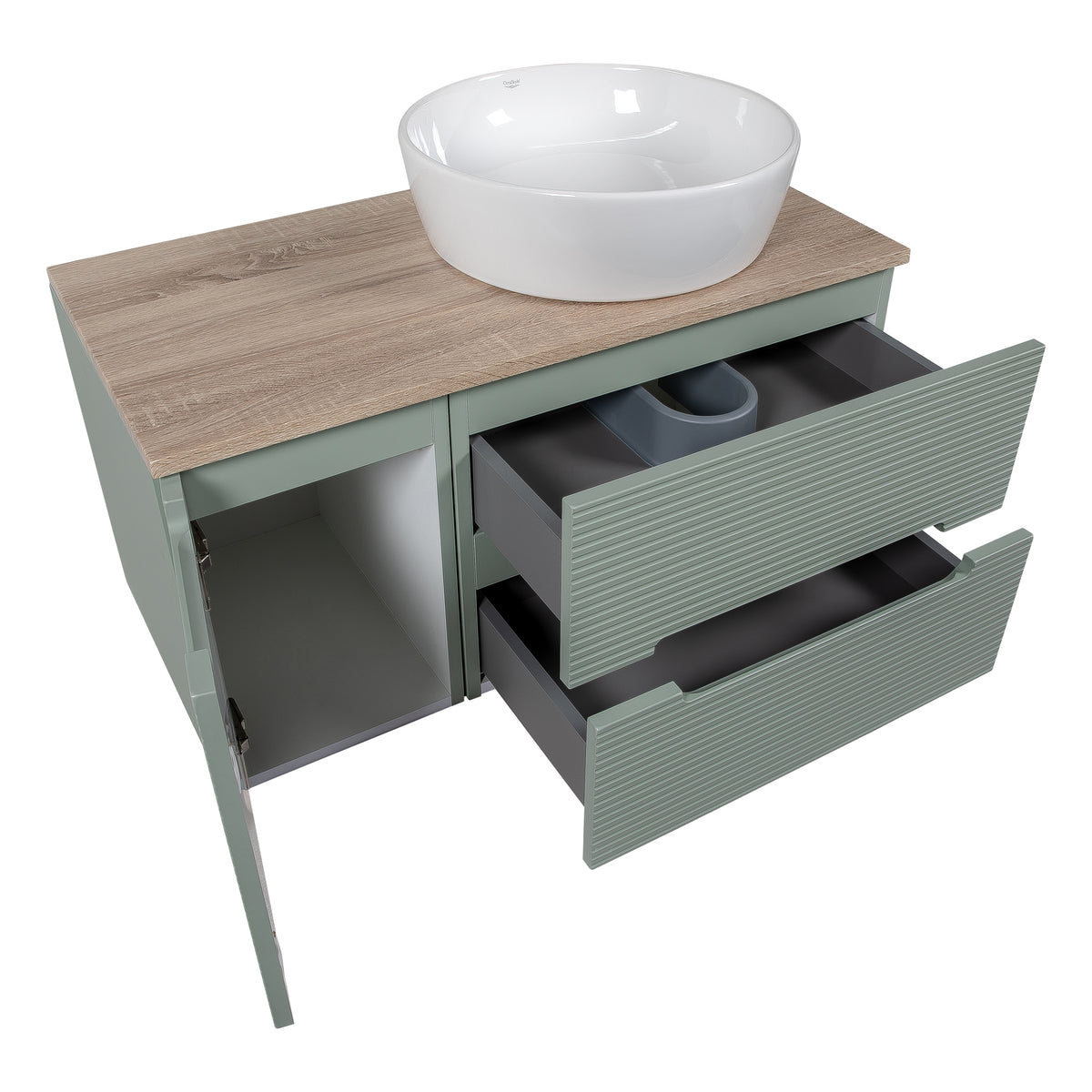 Monza Plus 900mm Fluted Wall Hung Vanity with Side Cabinet & Countertop - Aloe Green/Country Oak