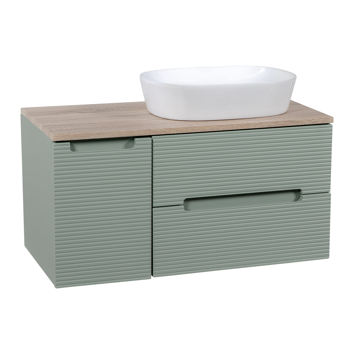 Monza Plus 900mm Fluted Wall Hung Vanity with Side Cabinet & Countertop - Aloe Green/Country Oak